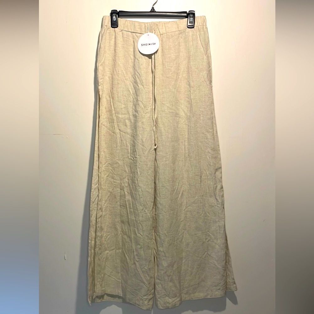 SHEIN- NWT Linen Blend Vcay Wide Leg Full Side Slit Beach Vacation Pants Size L
